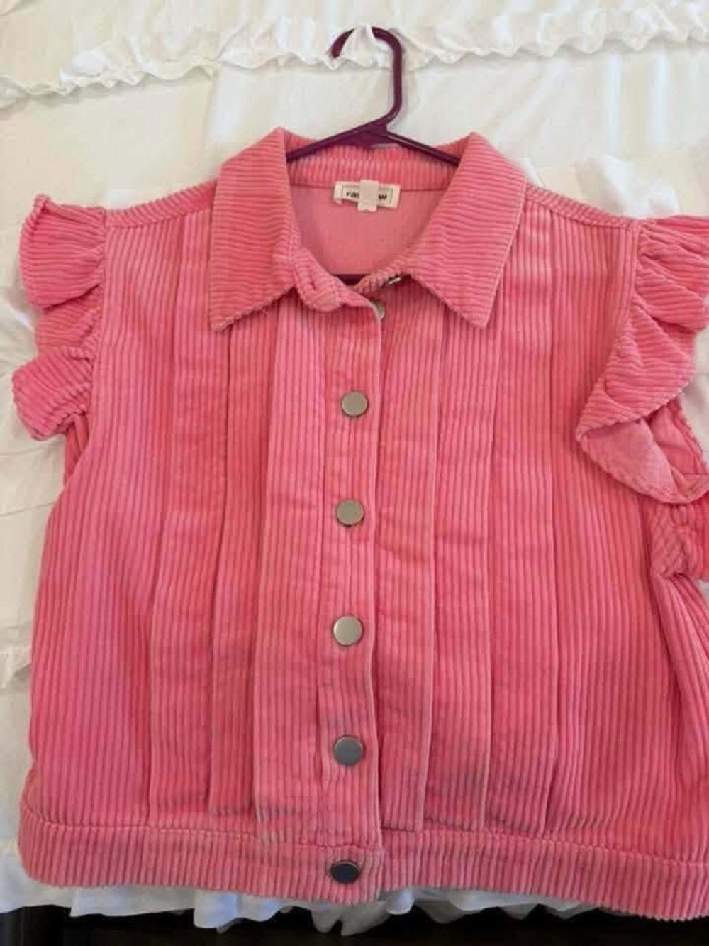 Women’s Pink Corduroy Button-Front Ruffle Sleeve Top